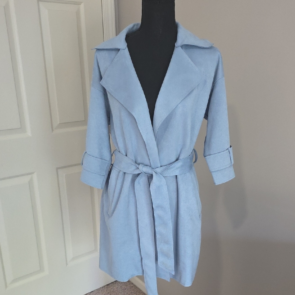 Light Blue Faux Suede Belted Coat